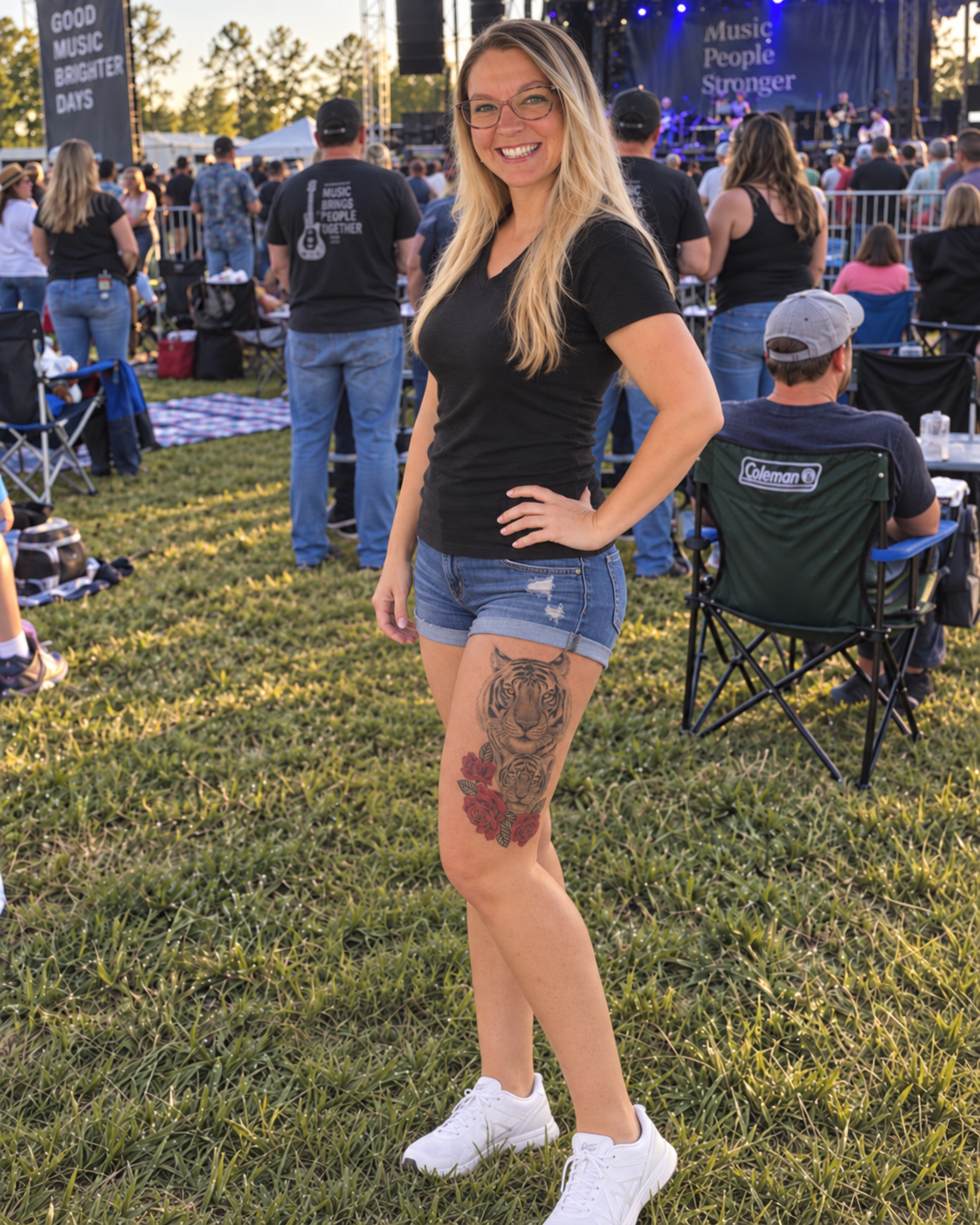 Andrea after her personal journey at 155 pounds, wearing a fitted black shirt and denim shorts at an outdoor music event, with her hand on her hip and her thigh tattoo visible