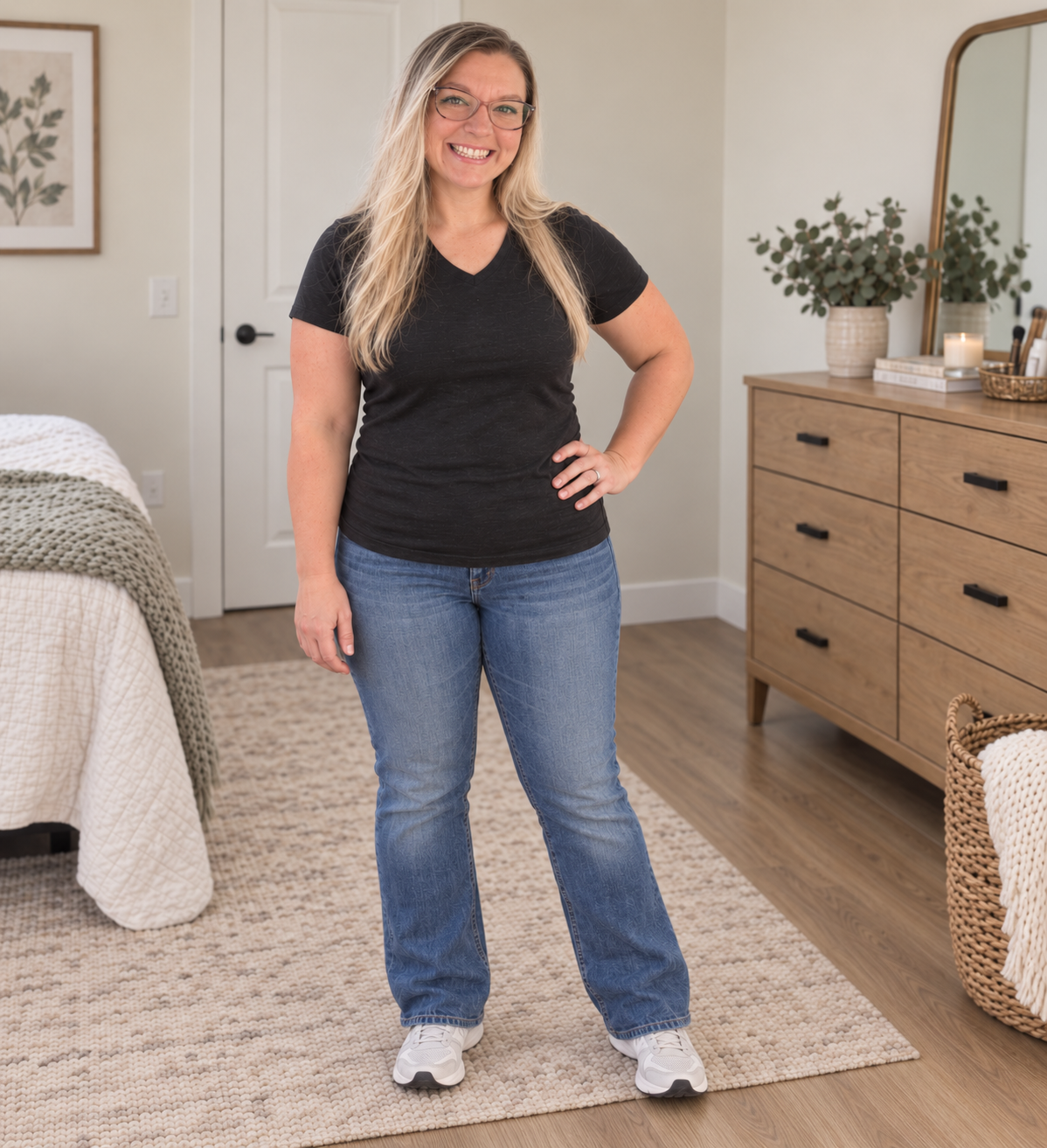 Andrea before her personal journey at 185 pounds, wearing a black shirt and blue jeans in her bedroom